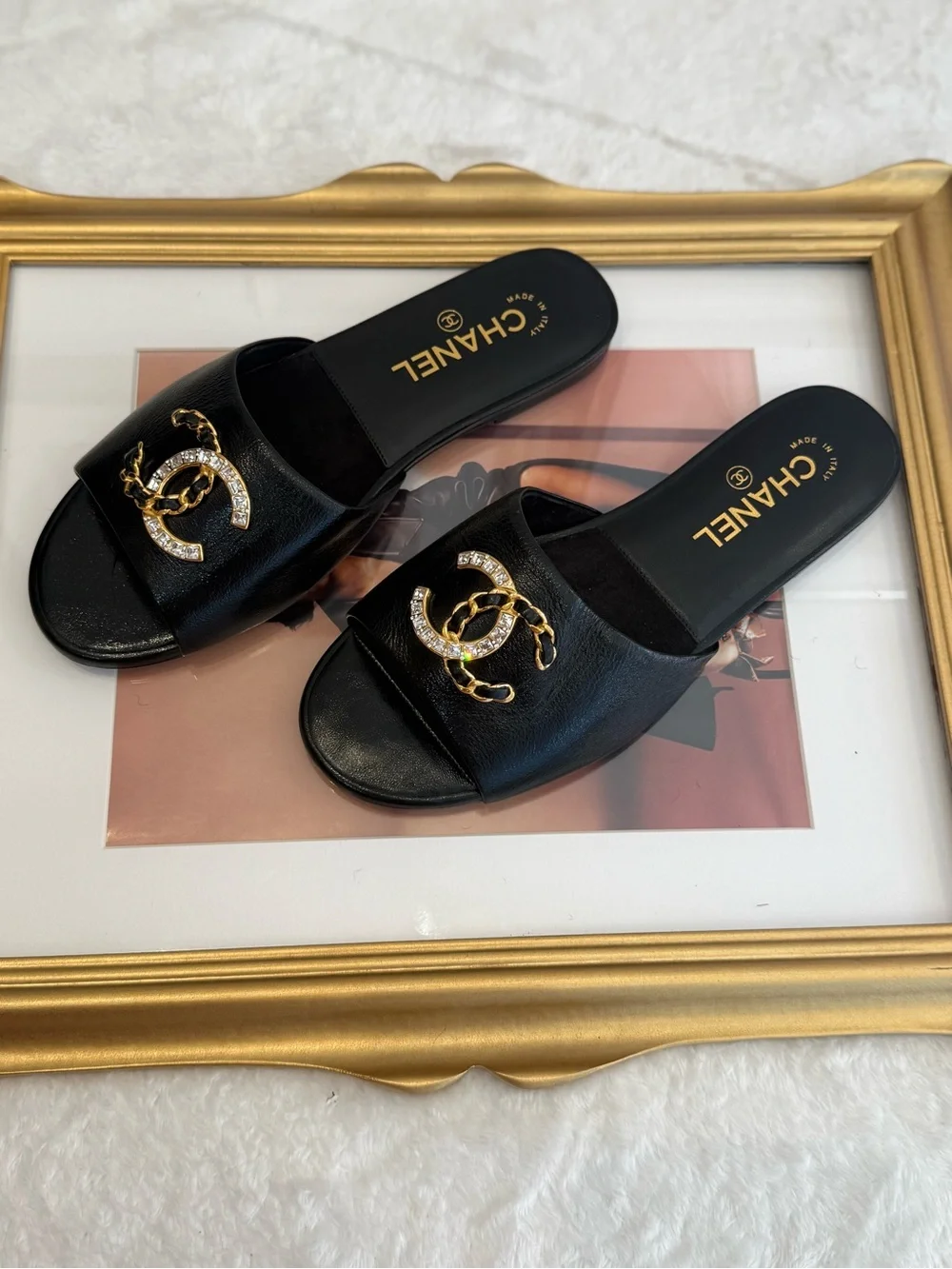 CHANEL Black Leather Crystal CC Chain Slide sandals size 38